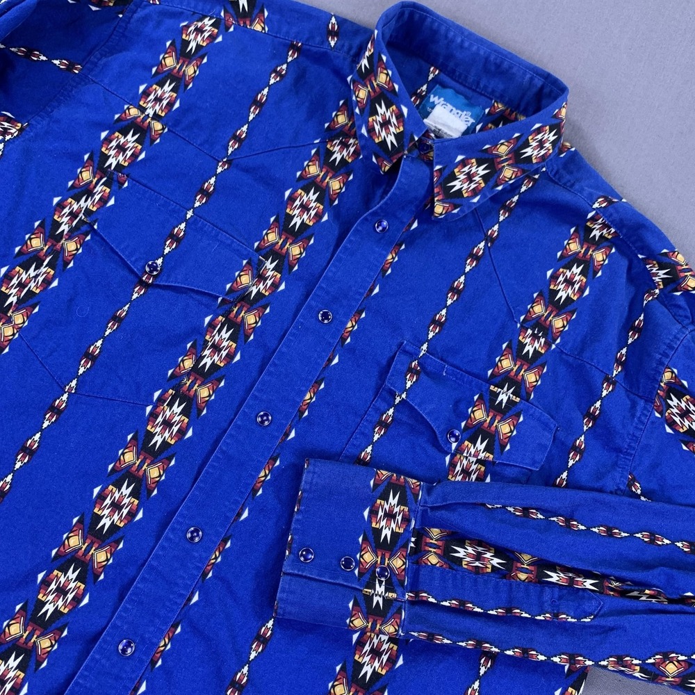 VTG Wrangler Western Shirt Men XL Blue Aztec Southwestern Brushpopper Pearl Snap